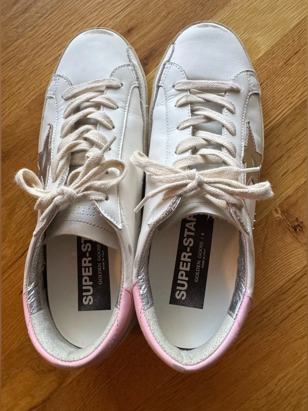 Golden Goose Super-Star White Leather Sneakers Pink and Silver Accents Sz 40 - Picture 3 of 16